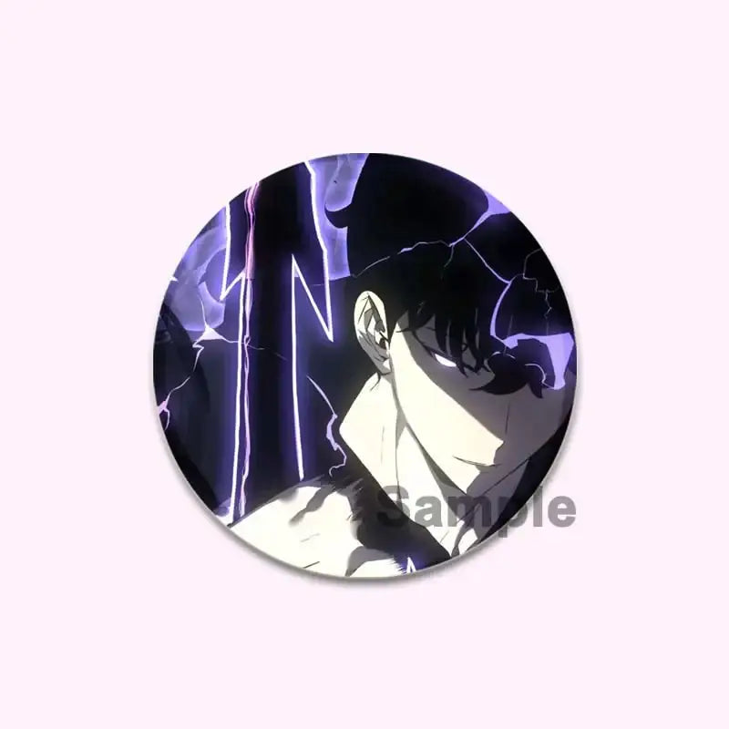 Circular handmade button pin featuring solo leveling cheng xiaoyu with dark hair and glowing purple lightning effects