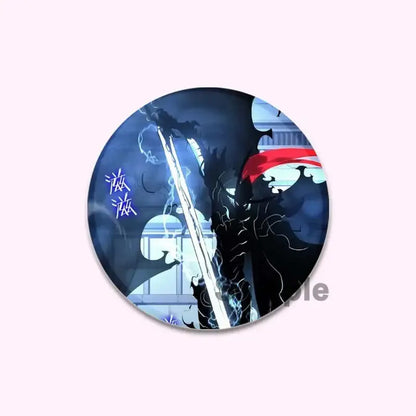 Circular solo leveling cheng xiaoyu button pin featuring dark figure with red hair and lightning on a blue background round handmade badge