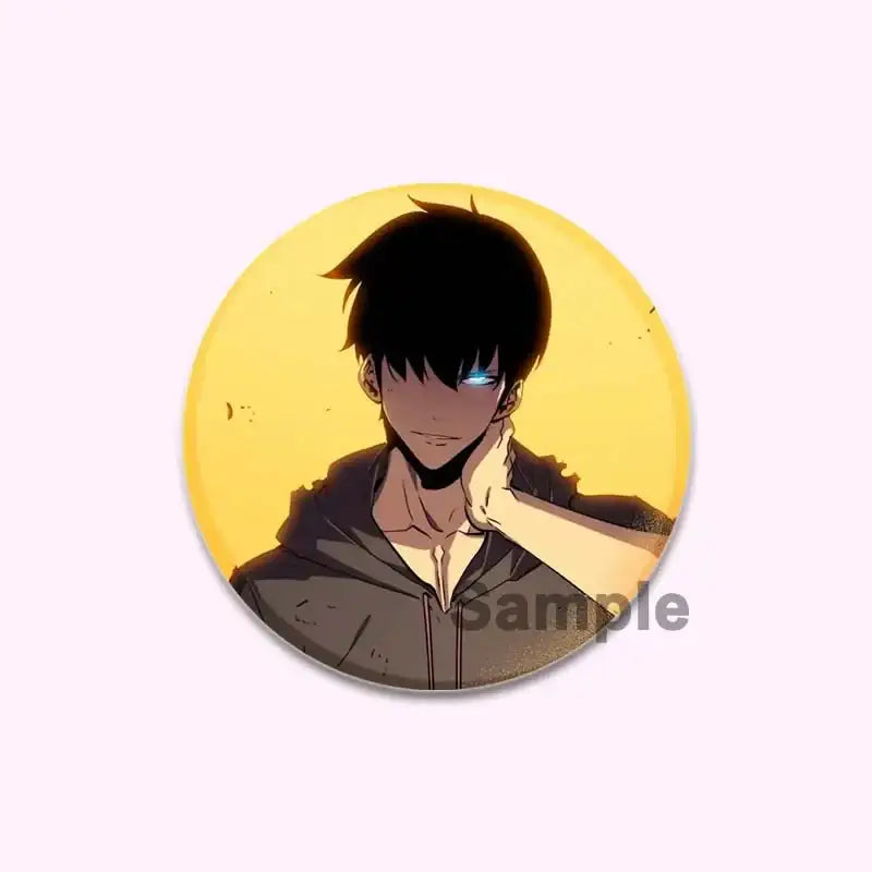 Circular solo leveling cheng xiaoyu button pin featuring anime character with glowing blue eye on yellow background round handmade badge