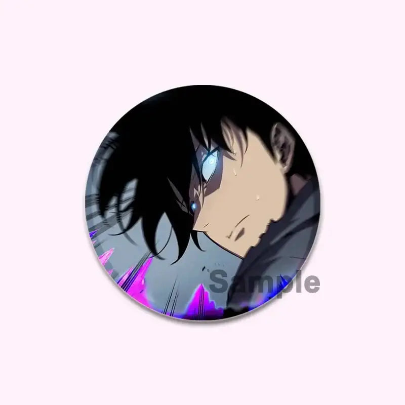 Solo leveling cheng xiaoyu round handmade badge featuring anime character with black hair and glowing blue eyes on purple background