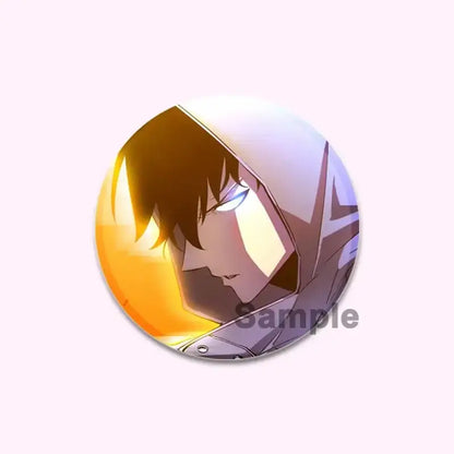 Solo leveling cheng xiaoyu round handmade badge featuring stylized portrait with dark hair and glowing blue eyes on orange background