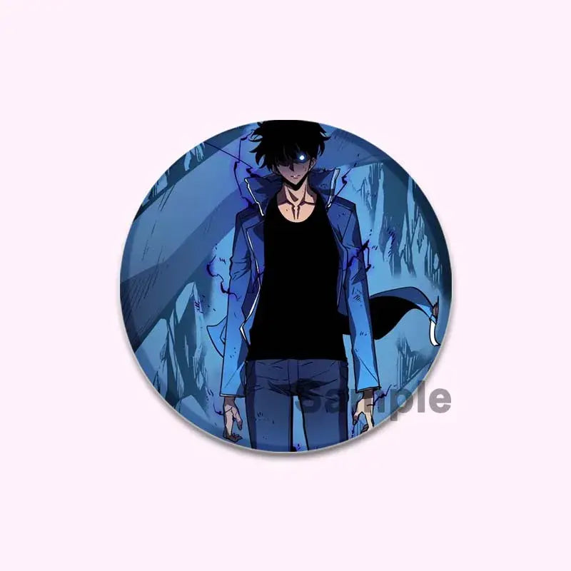 Circular solo leveling cheng xiaoyu button pin with black hair and glowing eyes on dark blue round handmade badge