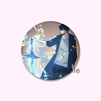 Circular solo leveling cheng xiaoyu button pin featuring anime dark-haired male with glowing blue sword and chinese characters