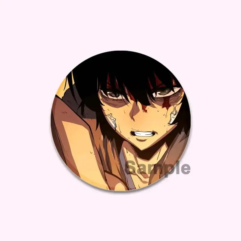 Solo leveling cheng xiaoyu round handmade badge featuring an anime character with black hair and blood-like streaks on face