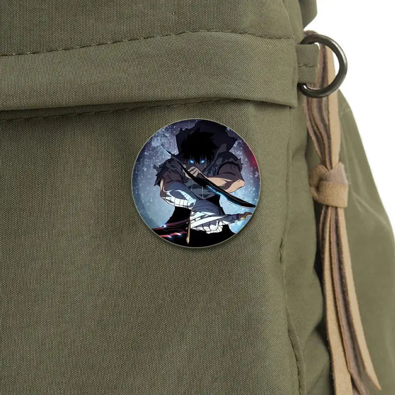 Solo leveling cheng xiaoyu button pin featuring black-haired character with glowing blue eyes in clear resin badge