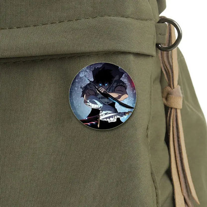 Solo leveling cheng xiaoyu button pin featuring black-haired character with glowing blue eyes in clear resin badge