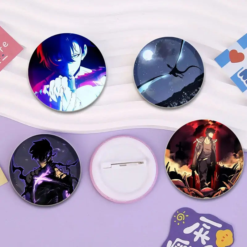 Four vibrant round anime pinback buttons featuring solo leveling cheng xiaoyu artwork on glossy handmade badges