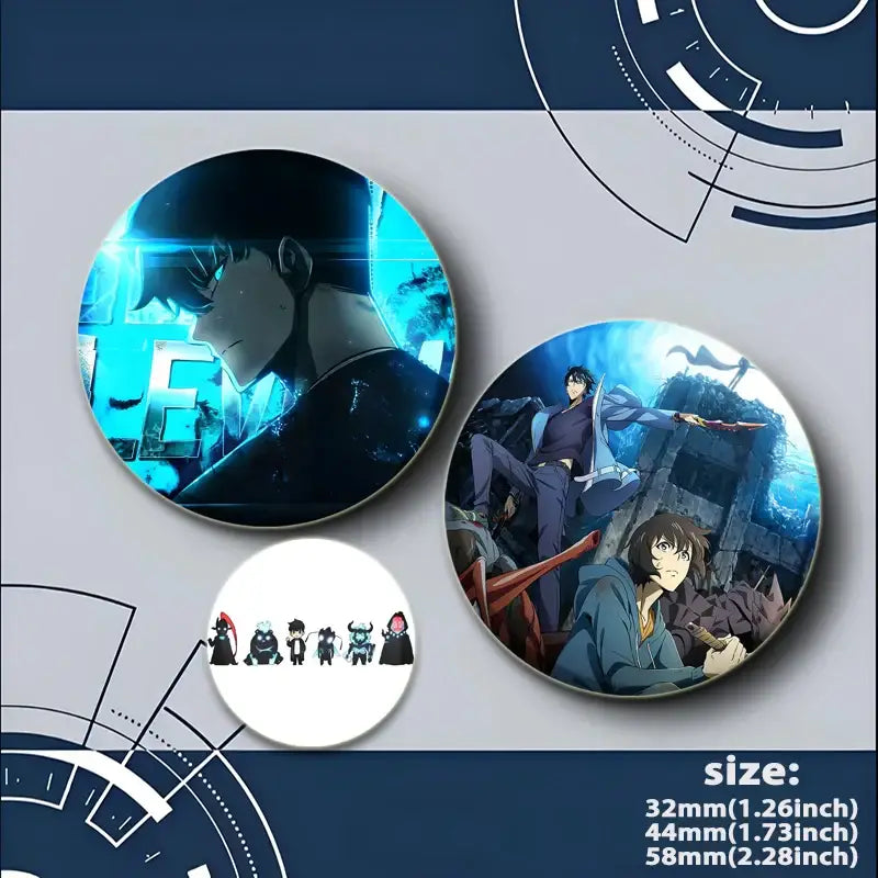 Two round handmade badges featuring solo leveling cheng xiaoyu with dark and blue glowing anime designs