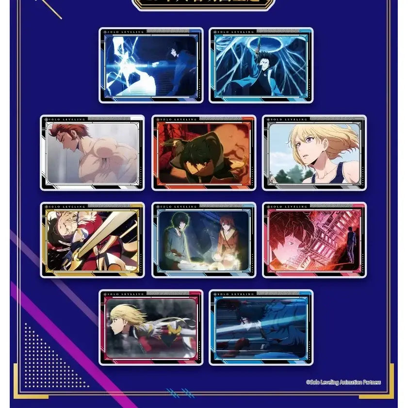 Set of nine vibrant rectangular acrylic polaroid cards featuring solo leveling cheng xiaoyu anime characters by bandai limited