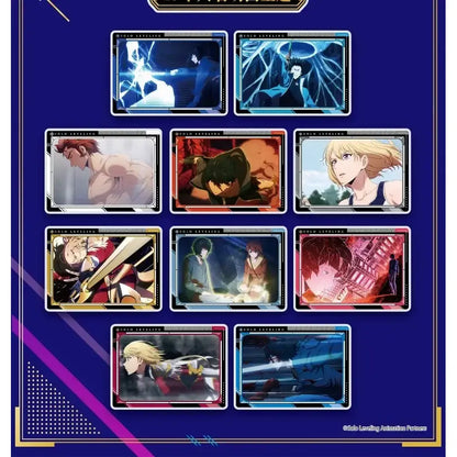 Set of nine vibrant rectangular acrylic polaroid cards featuring solo leveling cheng xiaoyu anime characters by bandai limited
