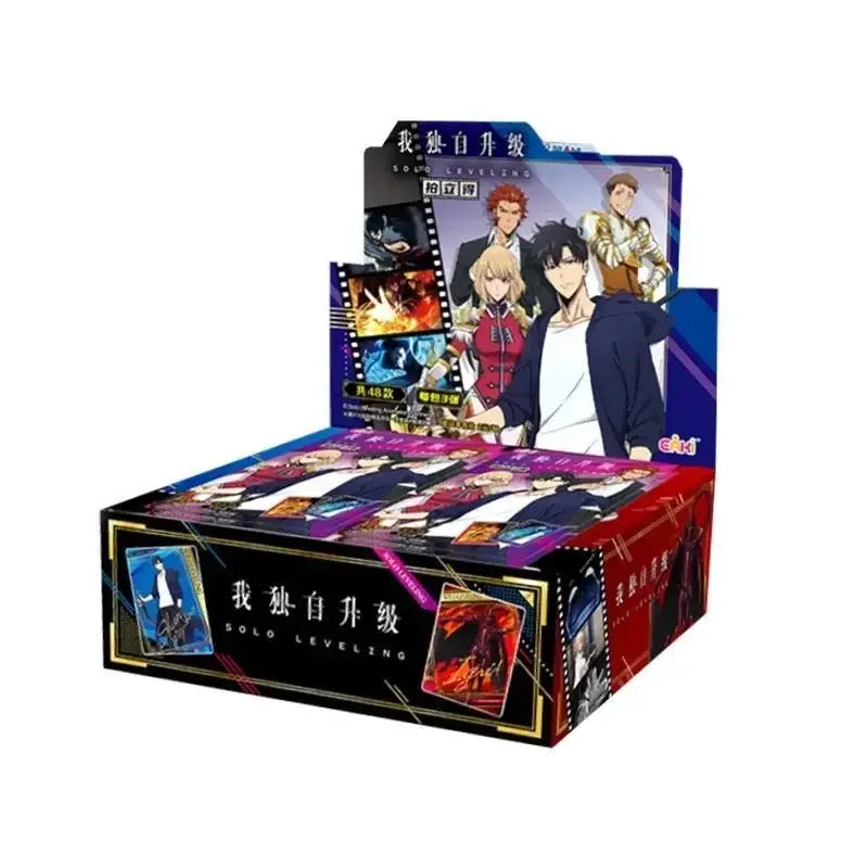 Black and purple solo leveling polaroid card set box featuring cheng xiaoyu artwork with card packs inside by bandai limited