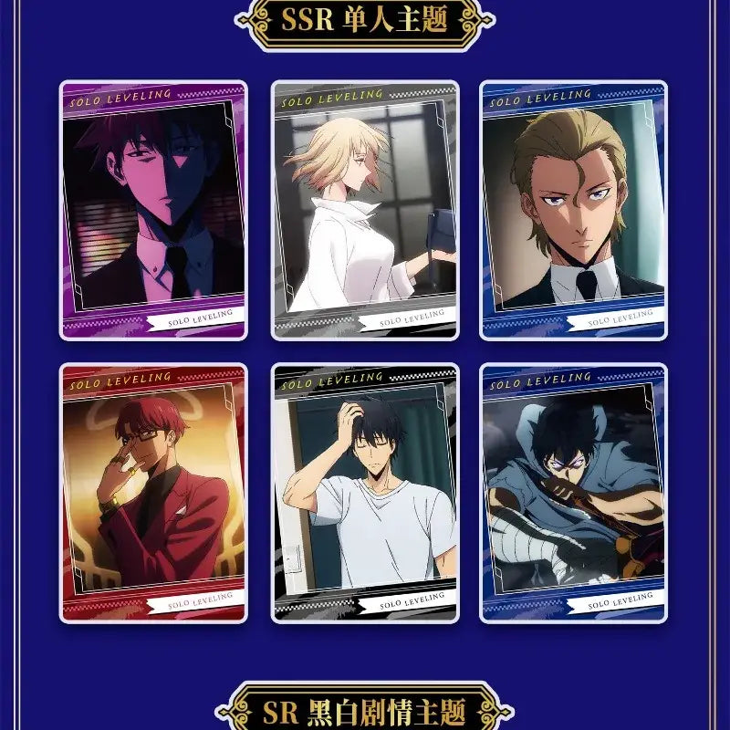 Six anime character trading cards from solo leveling featuring cheng xiaoyu polaroid card set by bandai limited