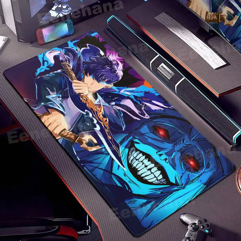 Vibrant blue and purple solo leveling gamer mouse pad with glowing red eyes character, non-slip lock edge xxl gaming mouse pad