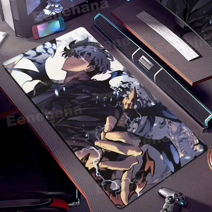 Black and gray solo leveling gamer mouse pad with spiky hair character holding glowing weapon xxl non slip lock edge