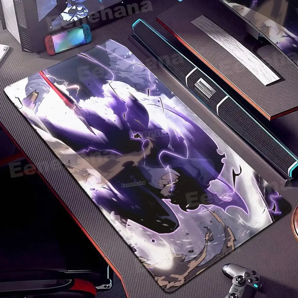 Purple and black solo leveling gamer mouse pad with dynamic lightning effects non-slip lock edge surface xxl size