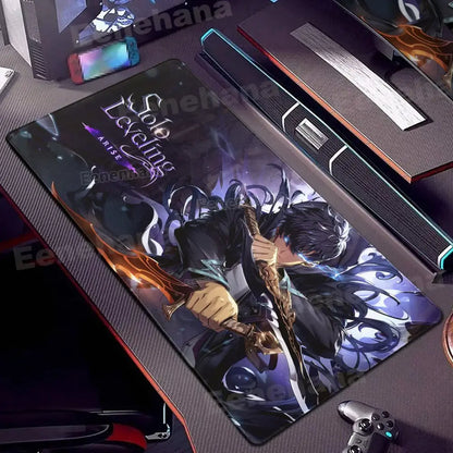Black and purple solo leveling gamer mouse pad featuring a character with a glowing sword non-slip lock edge xxl