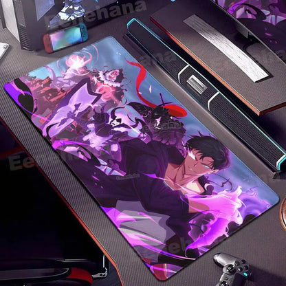 Vibrant purple and black solo leveling gamer mouse pad with dynamic anime artwork and non-slip lock edge design