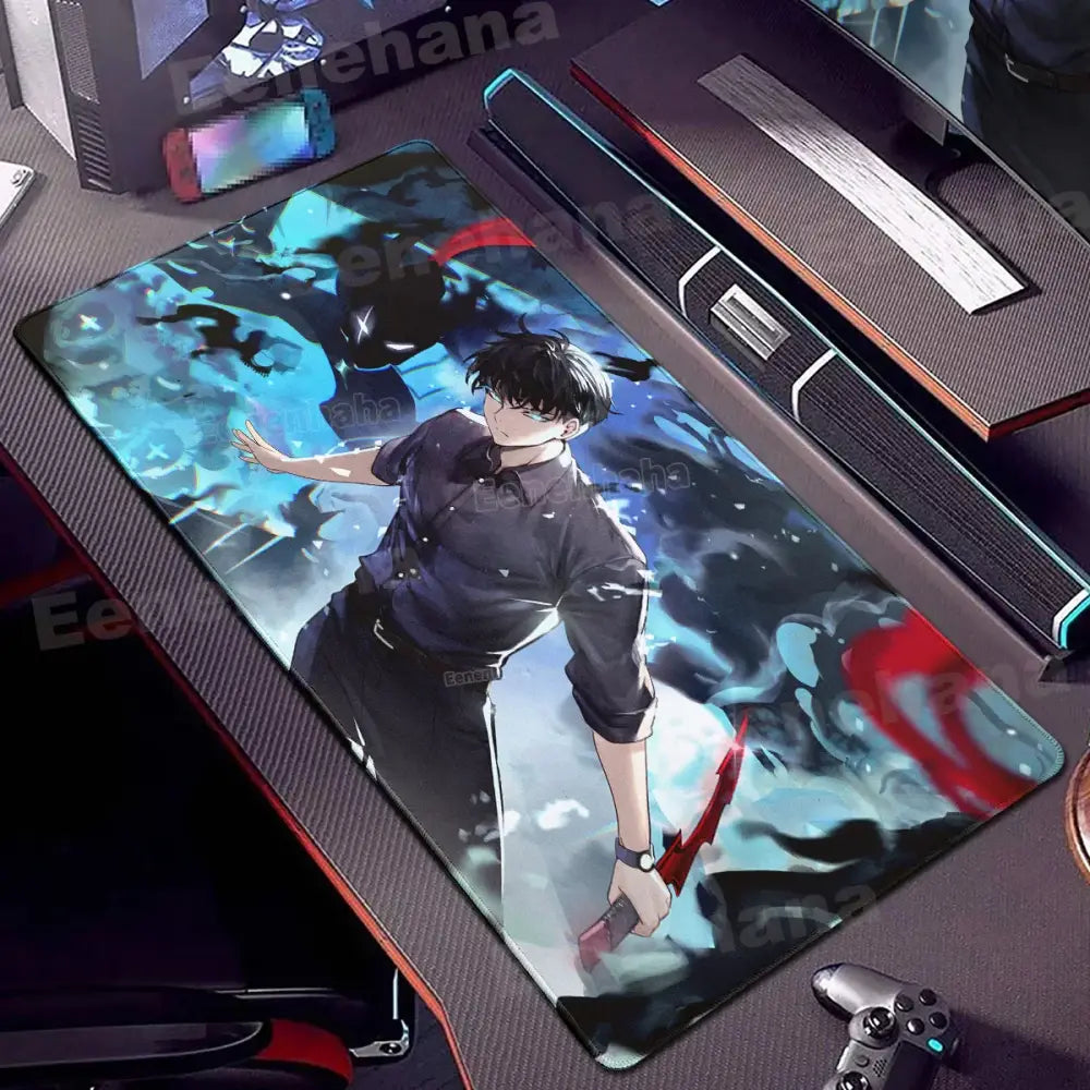 Blue and red solo leveling gamer mouse pad featuring a dark clothed character with sword and non-slip lock edge
