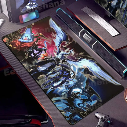 Vibrant solo leveling gamer mouse pad with dynamic blue and red fiery designs on a glossy non-slip surface