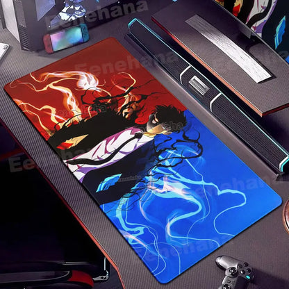 Solo leveling gamer mouse pad with vibrant fiery red and electric blue design on smooth non-slip surface