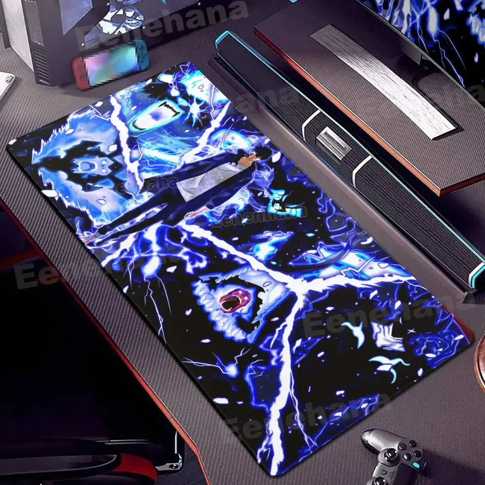 Vibrant blue and black solo leveling gamer mouse pad with dynamic lightning effects and non-slip lock edge design