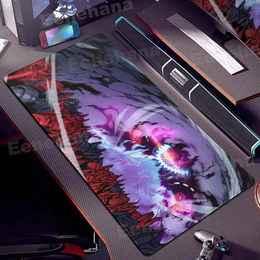 Vibrant solo leveling gamer mouse pad with glossy finish and dynamic purple and red monster design, non-slip lock edge