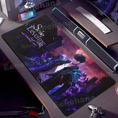 Rectangular solo leveling gamer mouse pad with vibrant anime art and non slip lock edge in purple and red tones