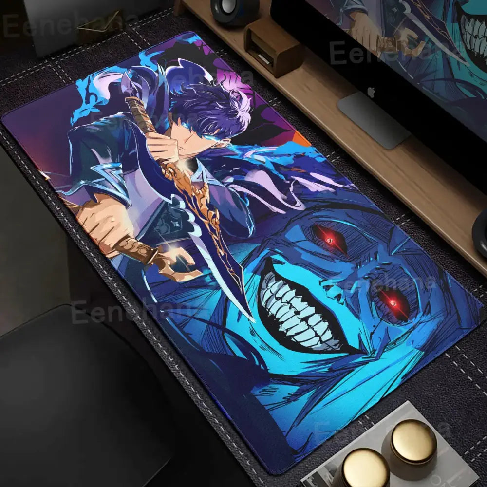 Vibrant blue and purple solo leveling gamer mouse pad with glowing character and skull design non-slip lock edge xxl