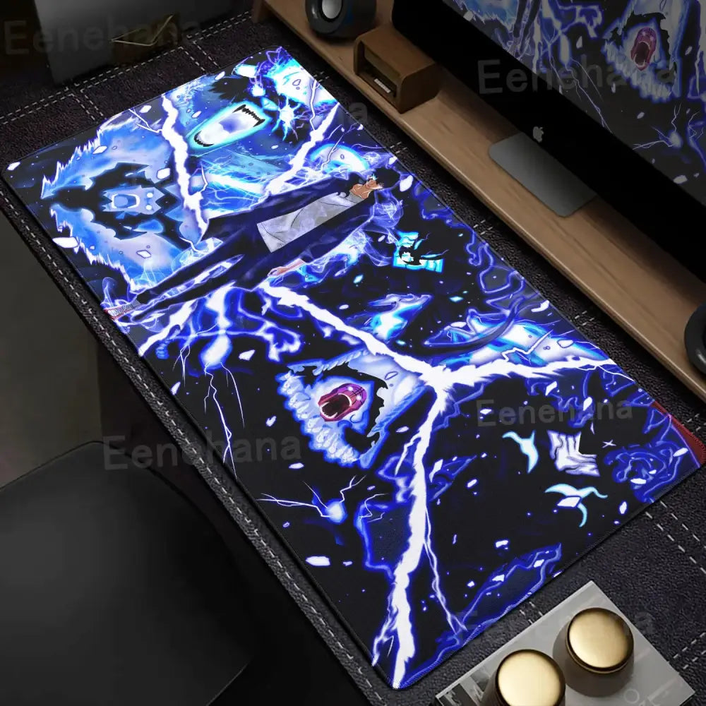 Solo leveling gamer mouse pad xxl non-slip with vibrant blue and black anime design and dynamic lightning effects