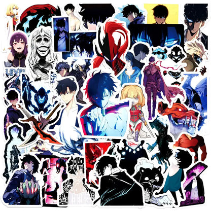 A vibrant solo leveling graffiti sticker set featuring bold colorful anime character decals for laptops and phones