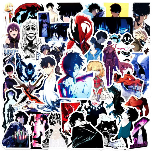 A vibrant solo leveling graffiti sticker set featuring bold colorful anime character decals for laptops and phones