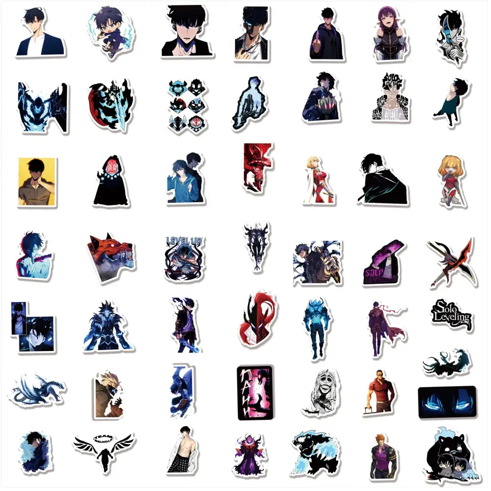 A solo leveling graffiti sticker set featuring colorful anime character designs for laptop and phone decals