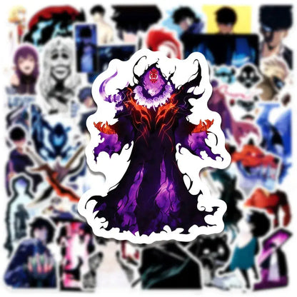 Purple and black solo leveling graffiti sticker with glowing red eyes and fiery cape from solo leveling sticker set