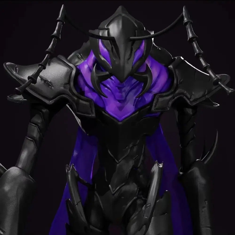 A menacing black armored solo leveling igris garage kit figure model with glowing purple accents and spiky design details