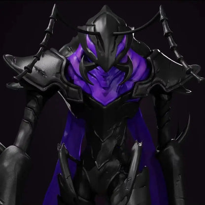 A menacing black armored solo leveling igris garage kit figure model with glowing purple accents and spiky design details