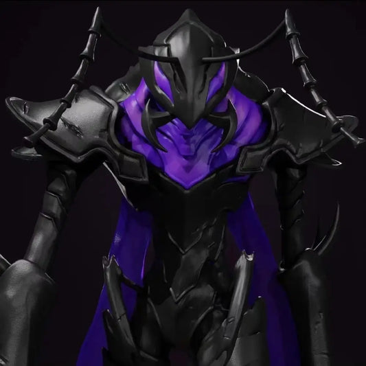 A menacing black armored solo leveling igris garage kit figure model with glowing purple accents and spiky design details