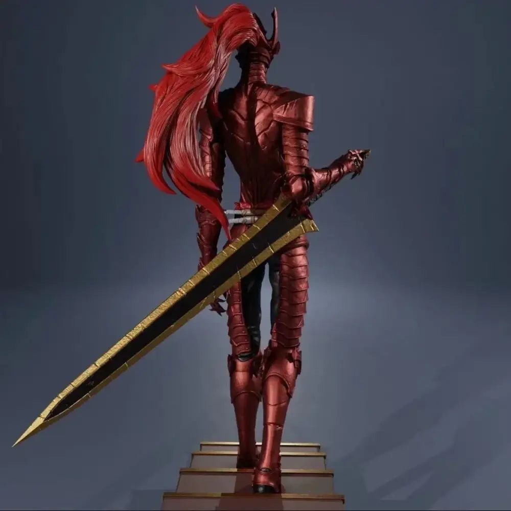 Solo leveling igris garage kit figure model featuring red armored figure with flowing hair and golden sword unpainted