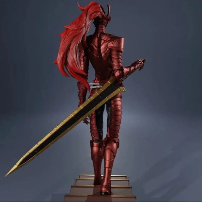 Red armored solo leveling igris garage kit figure with flowing red hair and long golden sword unpainted model