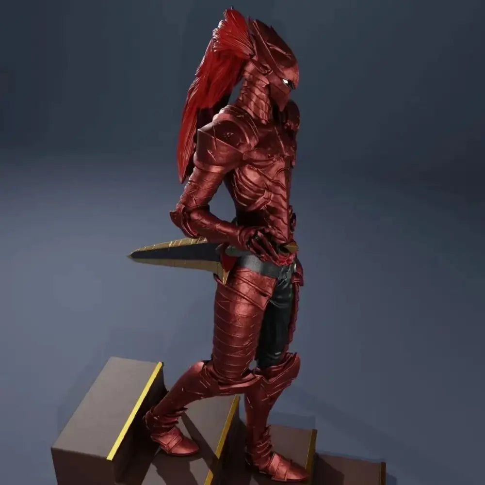 Solo leveling igris garage kit figure model featuring red metallic armor with flowing red hair and golden blade unpainted