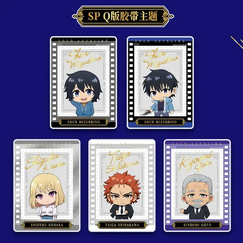 Set of five solo leveling instant camera photo cards featuring chibi-style anime characters with filmstrip design