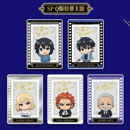 Set of five solo leveling instant camera photo cards featuring chibi-style anime characters with filmstrip design