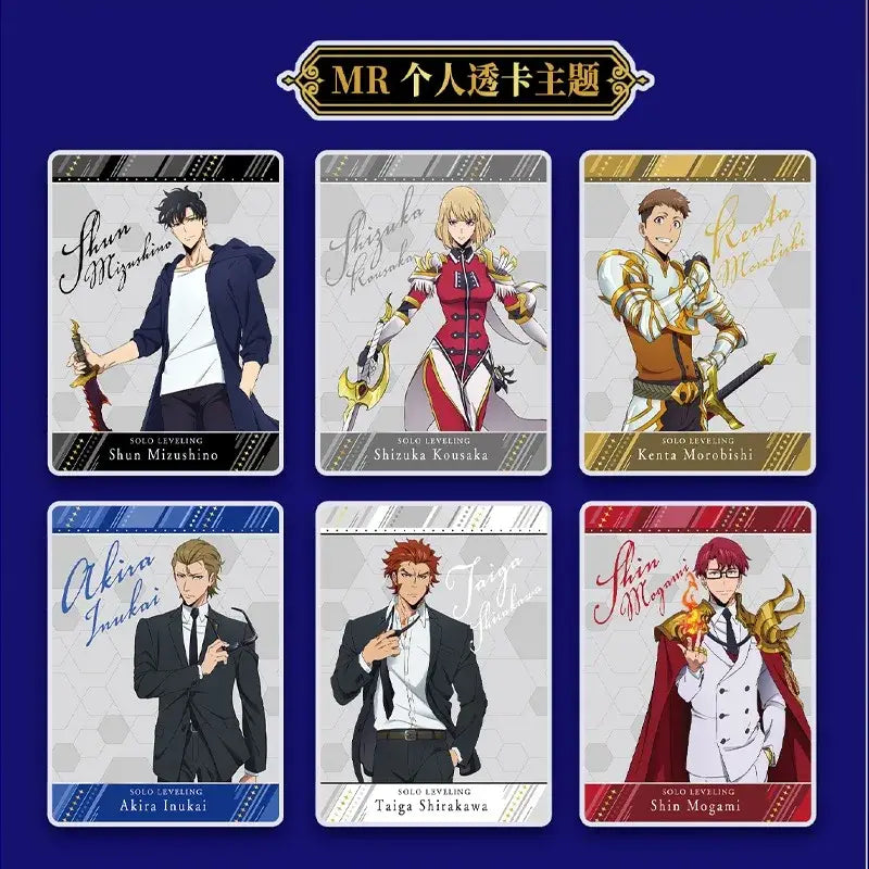 Set of six solo leveling instant camera photo cards featuring shun mizushino shizuka kousaka and others in distinct outfits