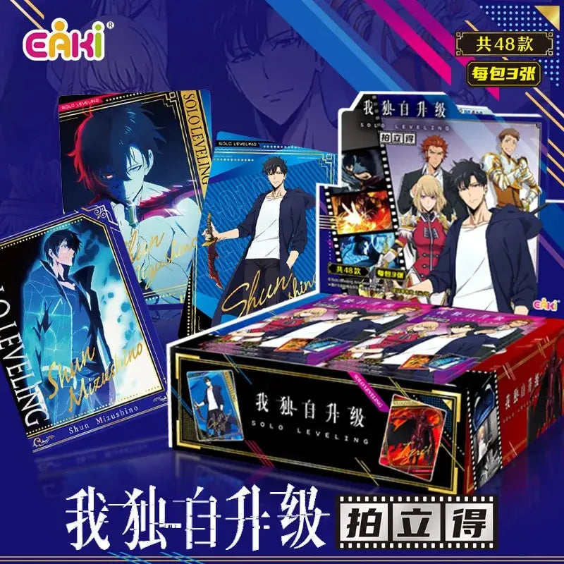 Solo leveling instant camera photo cards collection set featuring vibrant anime artwork on glossy cardboard packaging