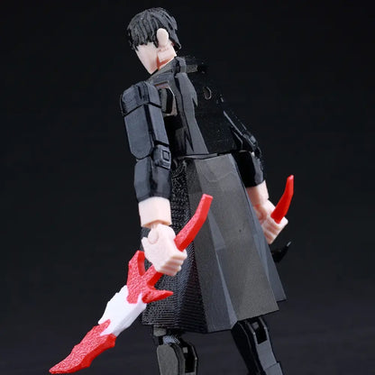 Solo leveling jin-woo printed movable action figure in black and gray with red and white sword and layered armor design