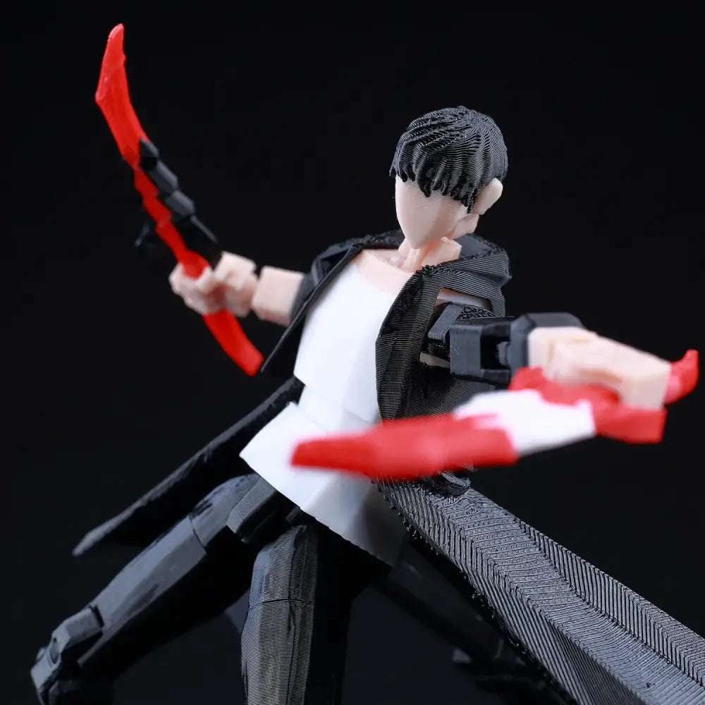 Black and white solo leveling jin-woo action figure with red weapon accessories 3d printed movable design
