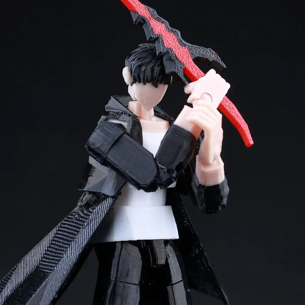 Solo leveling jin-woo black and white 3d printed movable action figure holding a red sword with black serrated edges