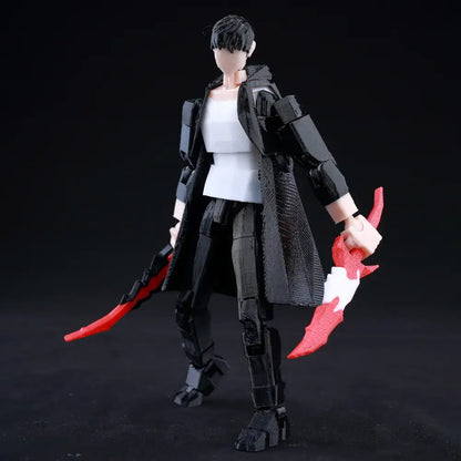 Solo leveling jin-woo black and white printed movable action figure with red white blades and detailed armor
