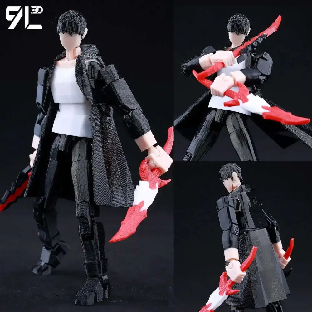 Solo leveling jin-woo black and white 3d printed movable action figure wielding red and white blades in long coat