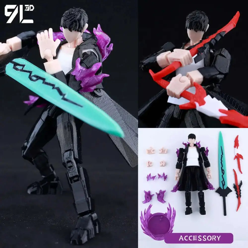 Solo leveling jin-woo action figure in black and purple armor with printed movable joints and interchangeable teal sword and red blade