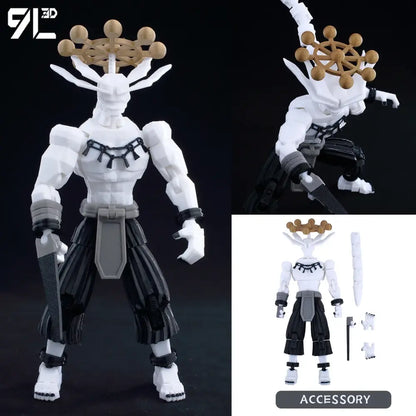 Solo leveling jin-woo action figure with white and black articulated movable dummy and golden wheel headpiece, 3d printed